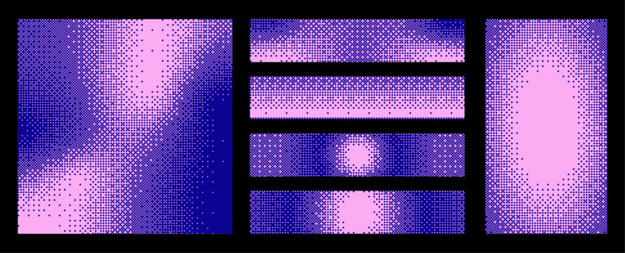 Blue and pink pixelated bitmap texture background set. Retro pixel art, glitch dither pattern, 8 bit background. Leisure or arcade games duotone border frame. Vector illustration