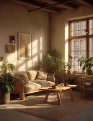 Minimalist living room with wooden furniture, sofa, coffee table, and window overlooking greenery