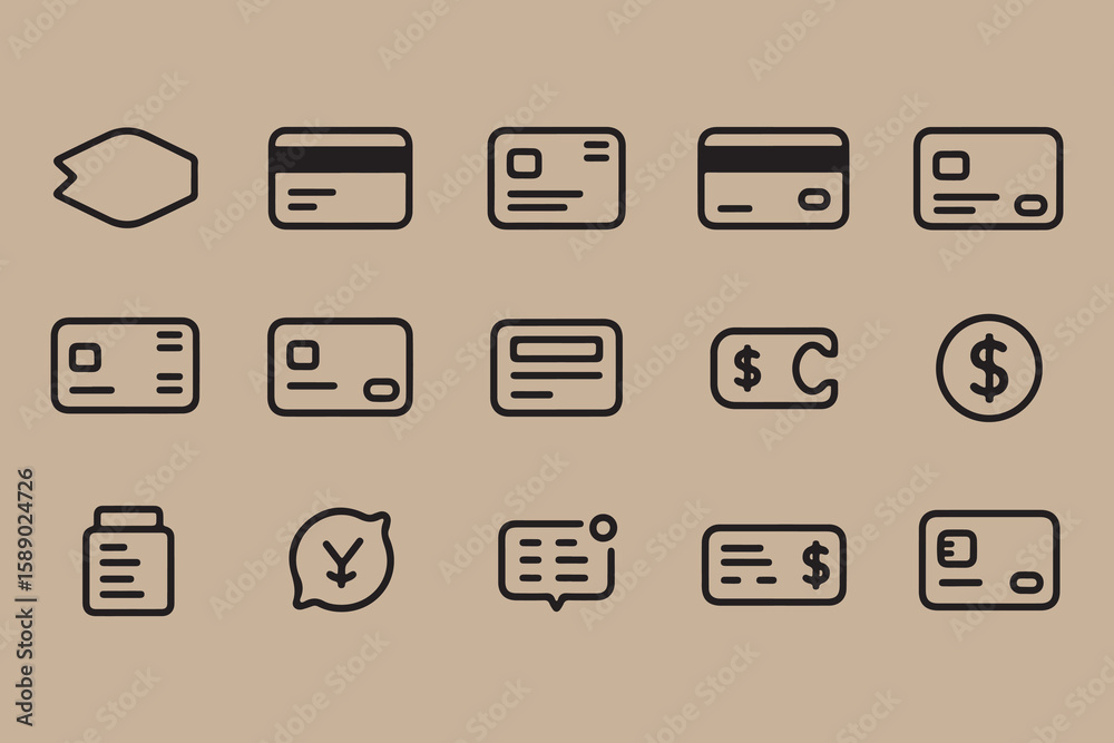 Poster collection of simple black line icons representing financial transactions and payment methods on a n
