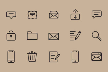Collection of simple outline icons representing communication security organization and mobile technology on a neutral background
