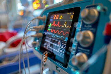 Electronic medical ventilator displaying vital signs of patient in icu