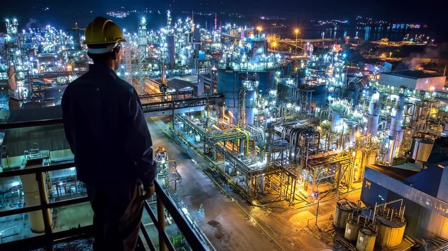 Worker Surveying Oil Refinery at Night