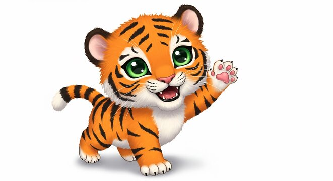 Tigre mignon salue joyeusement lumiere douce fond blanc. AI Generated