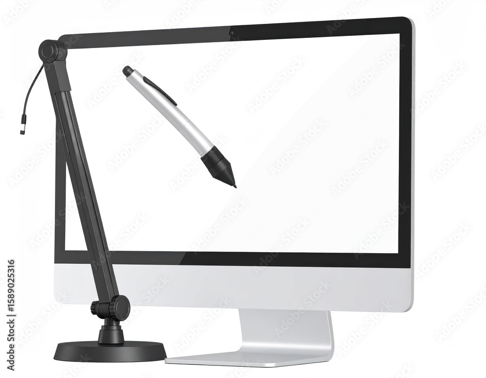 Fototapete Modern Computer Monitor With Digital Stylus Pen And Adjustable Arm Isolated on White Background