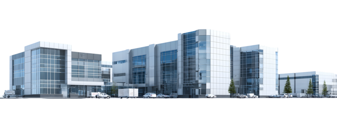 Modern office building complex featuring glass facades and landscaped surroundings in a business district