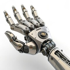 Detailed metallic robotic hand with intricate joints and wires isolated on white background