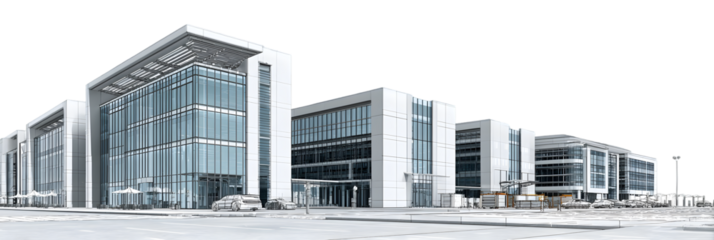 Modern architectural complex with glass facades, showcasing a bustling urban environment