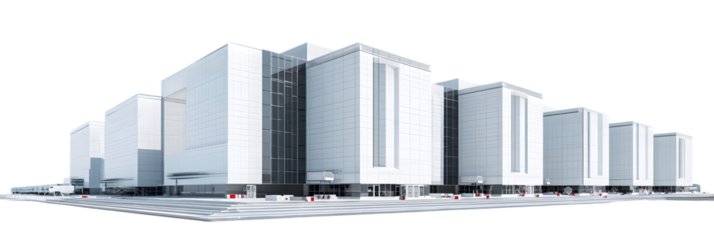 Modern architectural design featuring multiple white buildings with glass facades in an urban setting