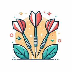 Three darts red and white fletchings turquoise handles green leaves set against a peach background surrounded by geometric shapes