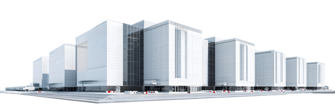 Modern architectural design featuring multiple white buildings with glass facades in an urban setting