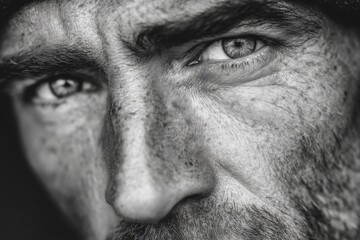 Obraz premium A close-up captures the striking features of a man with deep-set eyes, conveying strength and wisdom, highlighting a rugged appearance