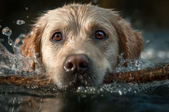 Golden Labrador retriever enjoys a swim, retrieving a stick while creating splashes in a serene lake under bright sunlight