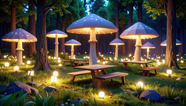 Enchanted Forest Scene Featuring Pixelated Glowing Mushroom Structures and Illuminated Lanterns with Picnic Tables
