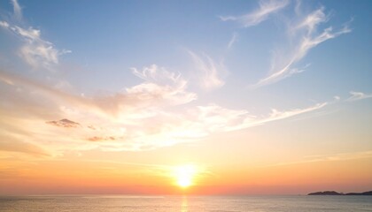 Soft pastel sunset sky with wispy clouds, casting a warm glow over a calm horizon, ultra-crisp