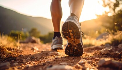 Close Up View Of Person Hiking On Rocky Trail With Sunlight Illuminating Landscape In Warm Tones