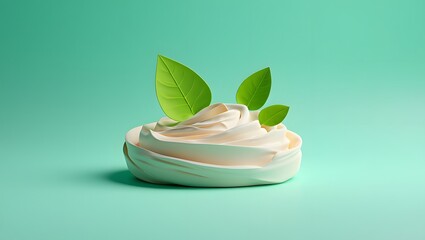 Delicious dessert with cream and green leaves on a turquoise background food photography sweets