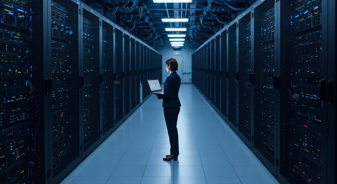 Female IT specialist working on laptop in modern server room, data center infrastructure, network technology, cloud computing, digital transformation