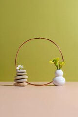 Still life photography of zen stones and flowers with copper ring on green background art