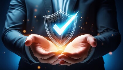 concept of digital security represented by a glowing shield and a checkmark in someone s hands showcasing protection and trust