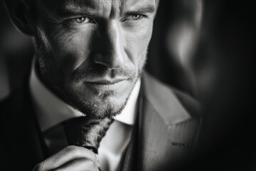 Fototapeta premium A well-dressed man focuses on adjusting his tie in a sophisticated environment, exuding confidence and elegance during a formal event