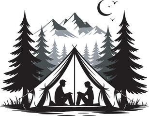 Couple sitting in a tent at night with mountains and crescent moon above