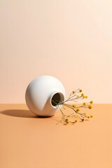 Still life photography of white round vase with yellow flowers on peach background studio shot