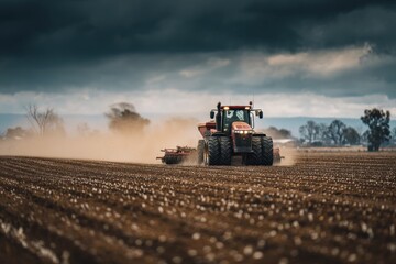 Fototapeta premium A tractor is cultivating a cotton field, stirring up dust under an overcast sky as farmers prepare for the upcoming planting season