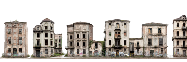 Abandoned urban buildings with peeling paint and graffiti, showcasing decay in a deserted area