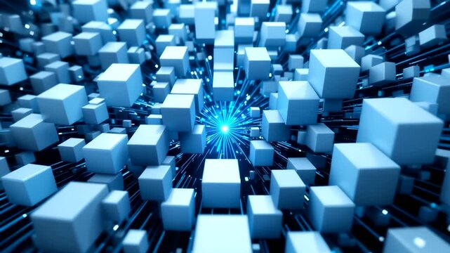 3D rendering white cubes with a central light point