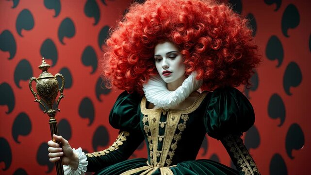 Queen of Hearts from Alice in Wonderland with dramatic red curly hair, white face paint and royal costume holding golden scepter. Classic fairy tale villain character with ornate makeup.