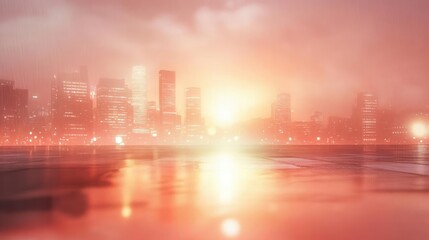 Red city skyline reflected in water, hazy atmosphere.