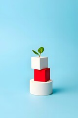 Minimalist geometric shapes with plant sprout on pastel blue background stock photography