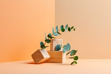 Wooden blocks and eucalyptus leaves on peach background for product display mockup scene