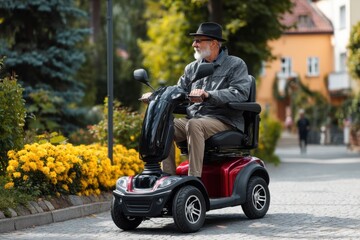 Naklejka premium A senior man enjoys a ride on his mobility scooter along a tree-lined path adorned with vibrant yellow flowers in a quaint village