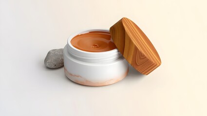 Natural skincare product cream jar with wooden lid and stone minimalist beauty treatment spa day