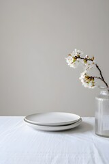 Still life photography of white plates and cherry blossom in vase on white tablecloth table