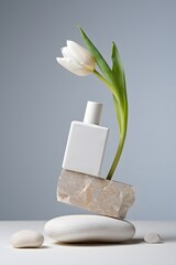 Perfume bottle mockup with white tulip flower and stones for cosmetic product display design
