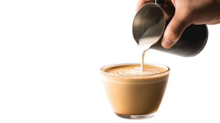 Pouring Cream into Coffee Latte Art Creation in Transparent Glass Cup on Neutral Backdrop