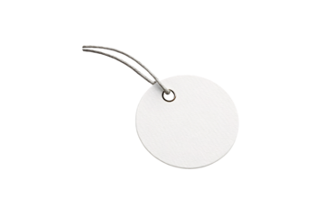 Round white paper tag with metal grommet hole and single twisted twine string attached, isolated on a transparent background