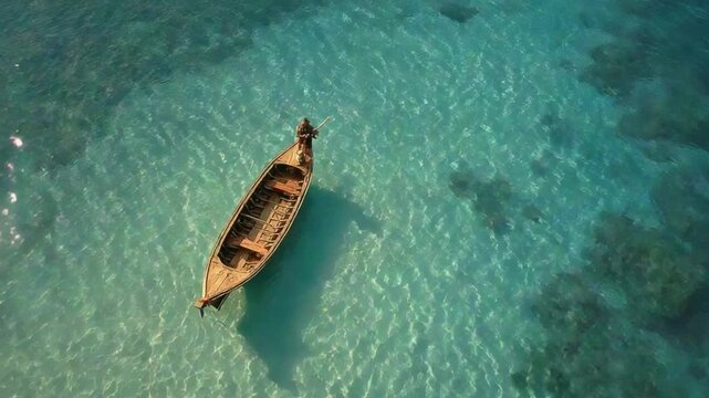 Aerial view of an old wooden boat floating on clear turquoise water with shadows and ripples