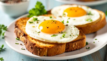 Two slices of toast topped with fried eggs