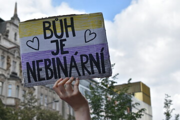 Protest sign with nonbinary flag