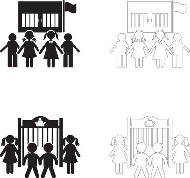 Back to School children holding hands in front of school building and gate vector icons filled silhouette and outline set