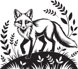 Obraz premium Stylized black and white illustration of a fox walking through foliage