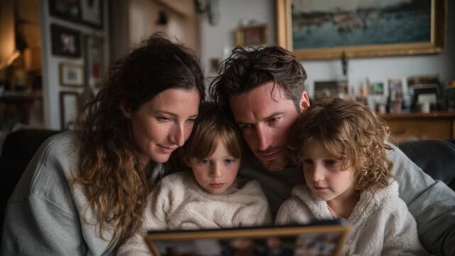Family of Four Enjoying Togetherness on Couch Looking at Photobook Cozy Living Room Indoor Scene