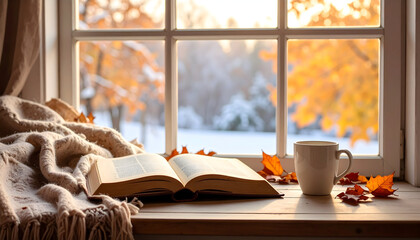 Cozy Autumn Window View with Book and Warm Drink