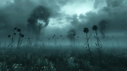 Fototapeta premium Eerie dandelion field shrouded in mist and shadows.