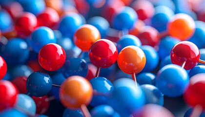 Abstract 3D Rendering of Red Blue and Orange Spheres
