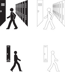 Back to School student walking in hallway with lockers vector icons filled silhouette and outline set