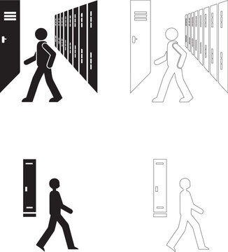 Back to School student walking in hallway with lockers vector icons filled silhouette and outline set